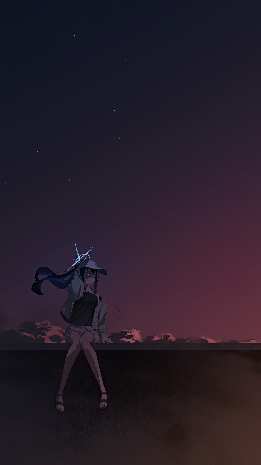 1girl absurdres baseball_cap black_hair black_shirt blue_archive blue_hair blue_halo blue_sky cloud commentary_request dusk gradient_sky halo hand_on_headphones hat headphones highres jacket kani_etizen03 looking_to_the_side multicolored_hair official_alternate_costume orange_sky saori_(blue_archive) saori_(swimsuit)_(blue_archive) shirt shorts sitting sky solo star_(sky) two-tone_hair