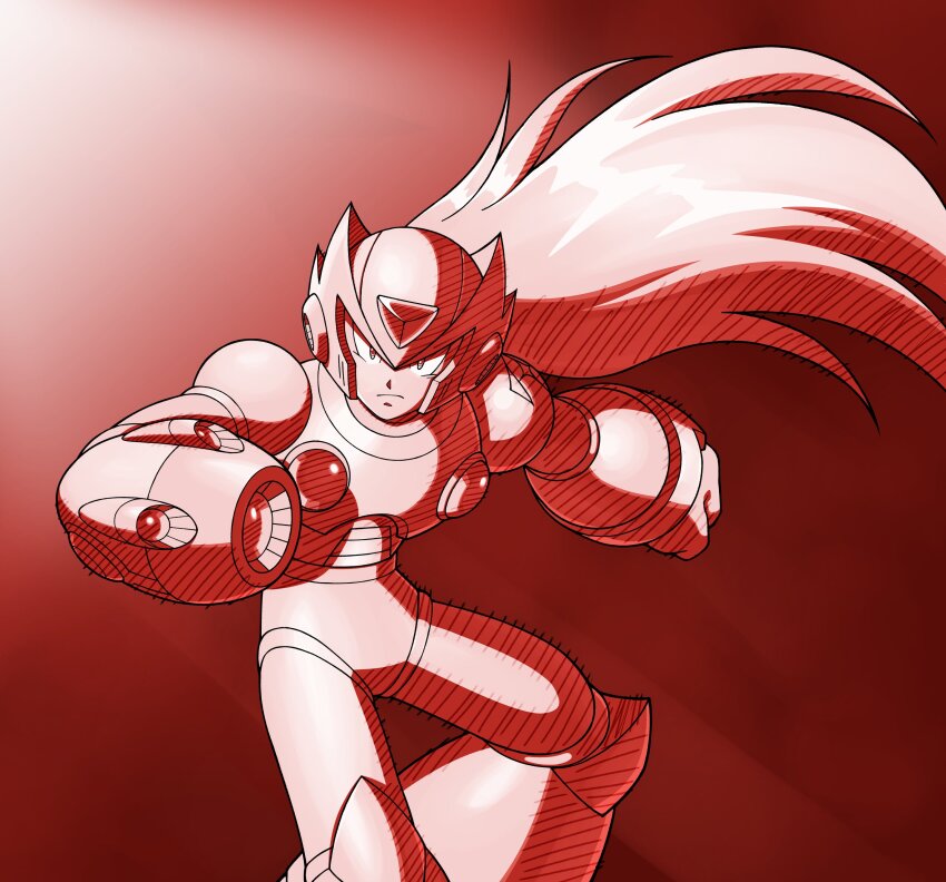 1boy absurdres android arm_cannon chest_jewel clenched_hand closed_eyes diegodoodles forehead_jewel helmet highres jewelry long_hair looking_at_viewer male_focus mega_man_(series) mega_man_x1 mega_man_x_(series) monochrome official_style ponytail red_background robot robot_ears sensei_haruki_suetsugu_(style) solo solo_focus weapon zero_(mega_man)