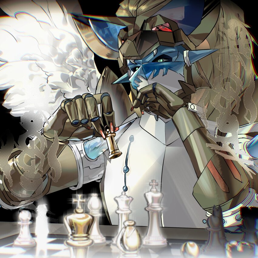 1boy bishop_(chess) blonde_hair board_game brown_helmet chess chess_piece commission digimon digimon_(creature) duftmon feathered_wings green_eyes helmet highres holding holding_chess_piece king_(chess) knight_(chess) long_hair pawn_(chess) queen_(chess) rook_(chess) shoggoth_(sirens20211) solo upper_body white_wings wings
