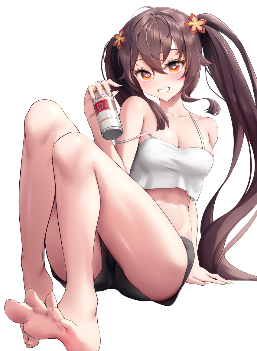 1girl absurdres ahoge alternate_costume bare_legs barefoot black_shorts blush breasts brown_hair camisole can cleavage collarbone crop_top flower flower-shaped_pupils full_body genshin_impact grin hair_between_eyes hair_flower hair_ornament highres holding holding_can hu_tao_(genshin_impact) long_hair looking_at_viewer rable red_eyes short_shorts shorts sidelocks simple_background sitting small_breasts smile solo spaghetti_strap spread_toes strap_slip symbol-shaped_pupils teeth thighs toes twintails very_long_hair white_background white_camisole