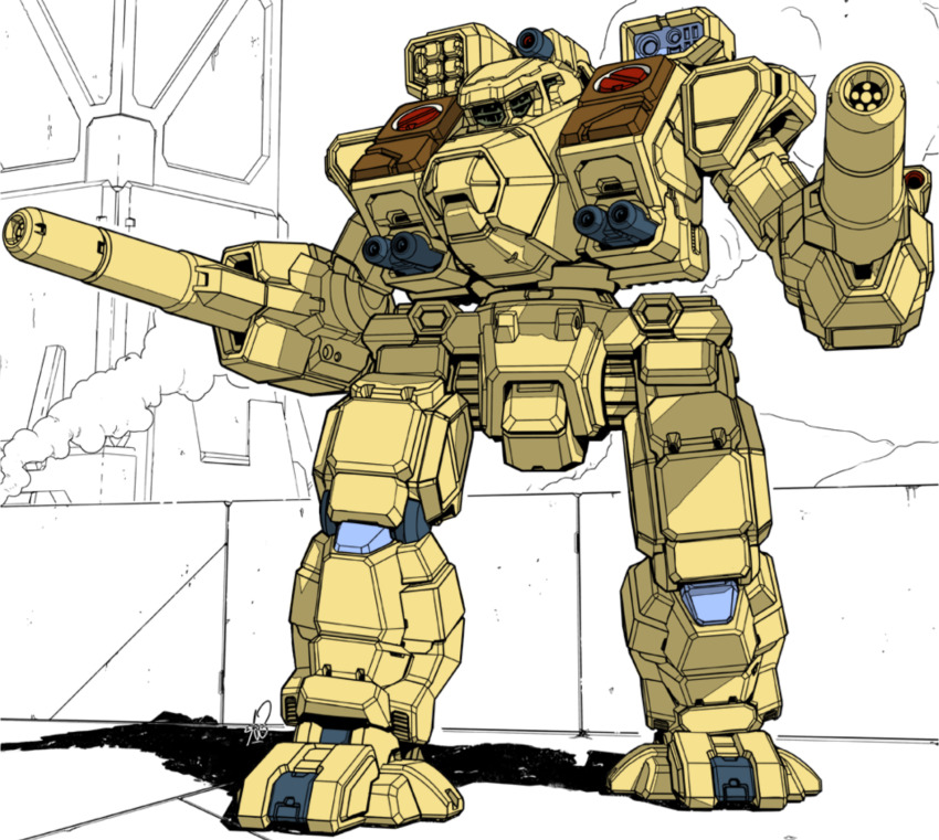 arm_cannon battletech cannon chest_cannon choujikuu_yousai_macross commentary darkton-artemis destroid dual_arm_cannons english_commentary hatch highres light machinery macross mecha missile_pod muzzle no_humans original redesign robot robotech science_fiction signature tomahawk_(destroid) u.n._spacy weapon