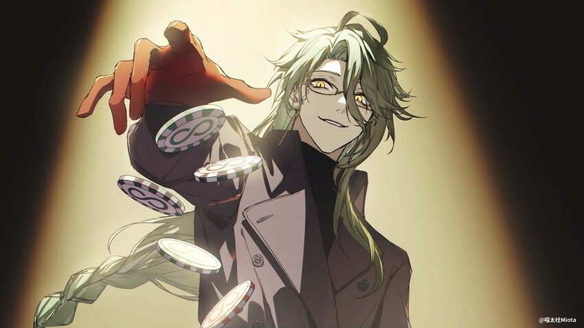 1boy absurdres ahoge baizhu_(genshin_impact) black_shirt braid coat commentary darkcatowo evil_smile genshin_impact glasses gloves green_hair grey_coat hair_between_eyes highres long_hair long_sleeves looking_at_viewer low-braided_long_hair low-tied_long_hair male_focus open_hand poker_chip red_gloves shirt smile solo symbol-only_commentary upper_body yellow_eyes