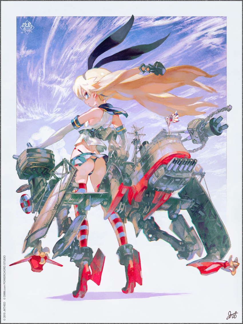 1girl 2015 anchor anchor_hair_ornament ass blonde_hair blue_eyes commentary_request gloves hair_ornament hairband highres jnt kantai_collection long_hair looking_back machinery md5_mismatch panties rensouhou-chan resolution_mismatch revision rising_sun_flag sailor_collar_lift school_uniform serafuku shimakaze_(kancolle) signature source_smaller sunburst thighhighs thong underwear
