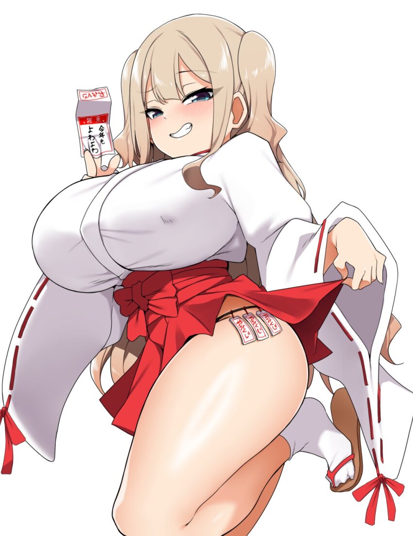 1girl bebebe_(pepegakii) blonde_hair blue_eyes blush breasts clothes_lift hakama hakama_skirt highres huge_breasts japanese_clothes kimono kousaka_airi_(bebebe) lifting_own_clothes looking_at_viewer mesugaki miko ofuda oppai_loli original red_hakama ribbon-trimmed_sleeves ribbon_trim skirt skirt_lift smile solo twintails underwear white_kimono wide_sleeves