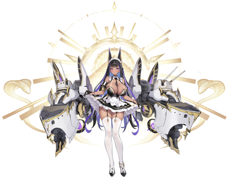 1girl absurdres animal_ears apron azur_lane bare_shoulders between_breasts black_dress black_gloves black_hair black_necktie black_shoes breasts cleopatra_(azur_lane) cobra_(animal) dark-skinned_female dark_skin dress earrings eighth_note frilled_dress frills full_body garter_straps gloves highres jackal_ears jackal_girl jewelry large_breasts long_hair looking_at_viewer maid maid_apron multicolored_hair musical_note necktie necktie_between_breasts non-web_source official_art popqn purple_eyes purple_hair pyramid_(structure) rigging shoes smile snake solo tan tanline thighhighs two-tone_hair white_thighhighs
