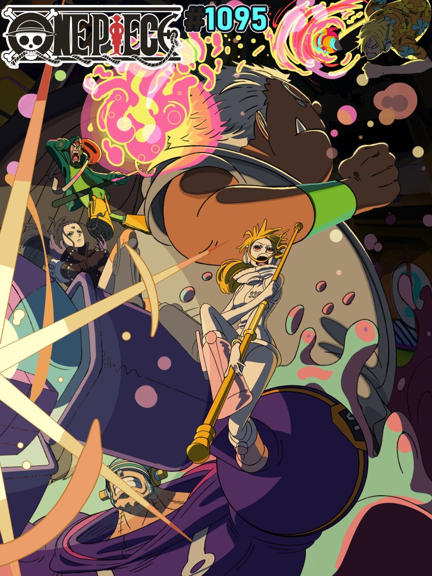 2girls 4boys :o absurdres black_hair black_jacket blonde_hair blue_hair boots buzz_cut commentary english_commentary epic eyelashes fighting franky_(one_piece) franky_(one_piece)_(egghead) grandguerrilla highres holding holding_weapon hooded_leotard jacket jumping kicking leotard long_hair looking_at_another mechanical_arms multiple_boys multiple_girls nami_(one_piece) nami_(one_piece)_(egghead) nico_robin nico_robin_(egghead) official_art one_piece one_piece_card_game open_mouth orange_eyes orange_hair polearm promotional_art revealing_clothes s-shark sanji_(one_piece) sanji_(one_piece)_(egghead) seraphim_(one_piece) serious short_hair staff teamwork usopp usopp_(egghead) very_short_hair weapon white_hair white_leotard wide_hips