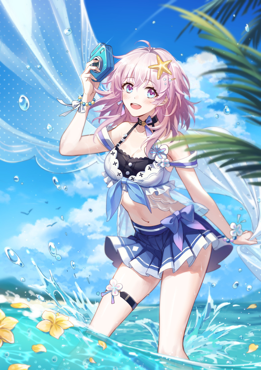 1girl :d absurdres ahoge alternate_costume arm_up bare_shoulders bead_bracelet beads bikini bikini_top_only bird black_choker blue_bow blue_eyes blue_ribbon blue_skirt blue_sky blurry blurry_background blurry_foreground blush bow bracelet breasts camera chinese_text choker cleavage cloud collarbone cropped_legs day depth_of_field earrings eyelashes flower hair_between_eyes hair_ornament hairclip hibiscus highres holding holding_camera honkai:_star_rail honkai_(series) jewelry kongzao leaf looking_at_viewer march_7th_(honkai:_star_rail) medium_breasts medium_hair miniskirt mountainous_horizon multicolored_eyes navel ocean open_mouth outdoors palm_tree petals petals_on_liquid pink_hair pleated_skirt purple_bow purple_eyes ribbon ribbon_earrings see-through_clothes shawl sidelocks single_earring skirt sky smile solo splashing standing starfish starfish_hair_ornament stomach swimsuit tareme teeth thigh_strap tree upper_teeth_only wading water water_drop white_bikini white_ribbon yellow_flower