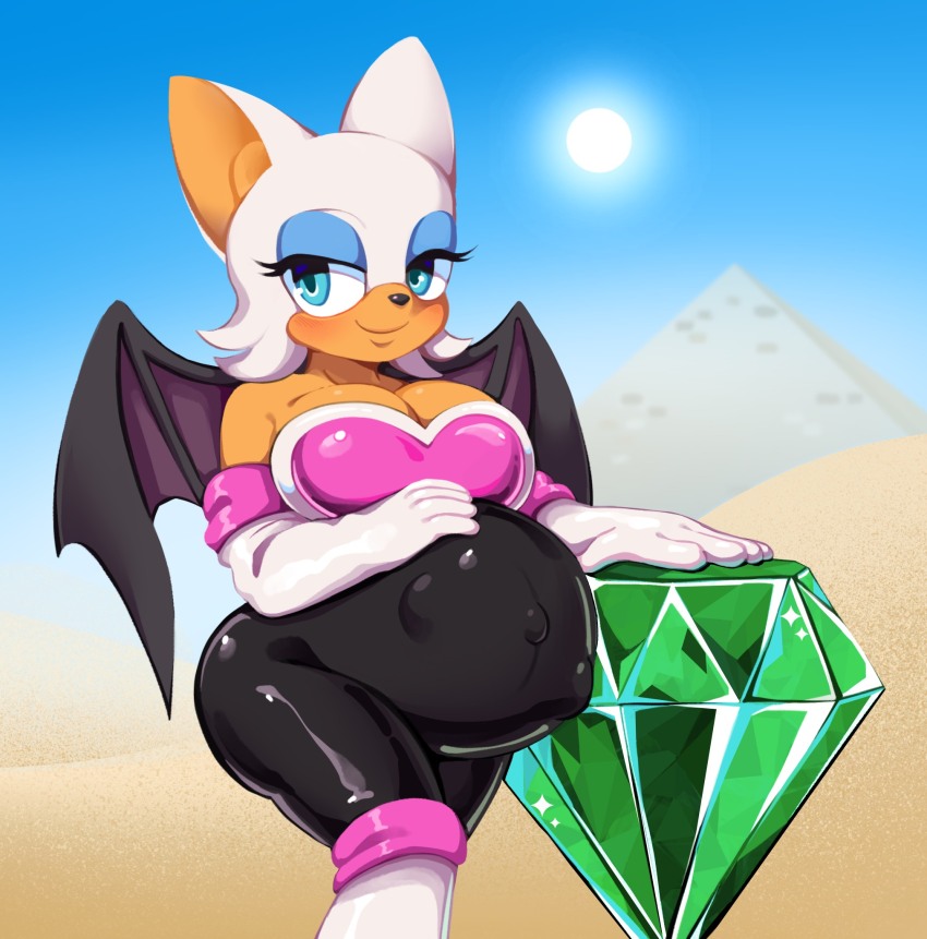 ancient_egyptian armor bat_girl bat_wings black_bodysuit blue_eyes blue_eyeshadow blue_sky bodysuit breastplate commission commissioner_upload crossed_legs desert egypt eyelashes eyeshadow hand_on_own_stomach hand_on_stomach highres kaijinx makeup master_emerald pregnant pyramid_(structure) rouge_the_bat sand sky sleeveless smile sonic_(series) sonic_adventure_2 sun white_fur wings