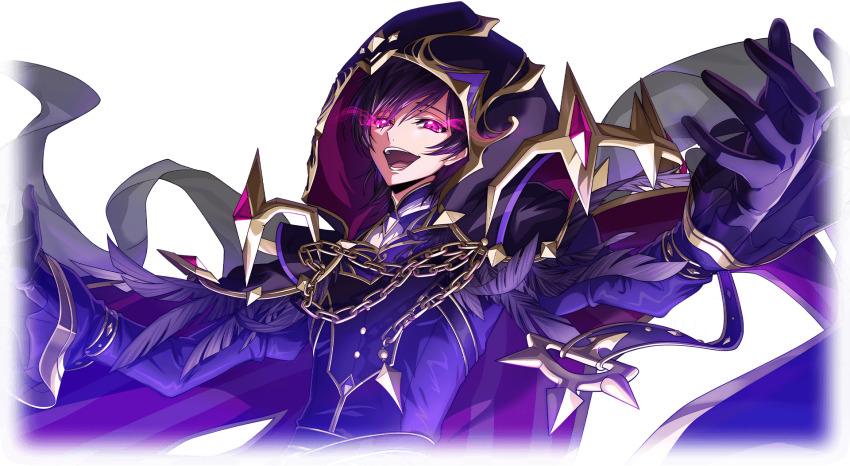 1boy black_gloves black_hair chain code_geass code_geass:_lost_stories f4samurai game_cg gloves highres knightmare_frame lelouch_vi_britannia looking_at_viewer non-web_source official_art open_mouth purple_eyes short_hair solo teeth