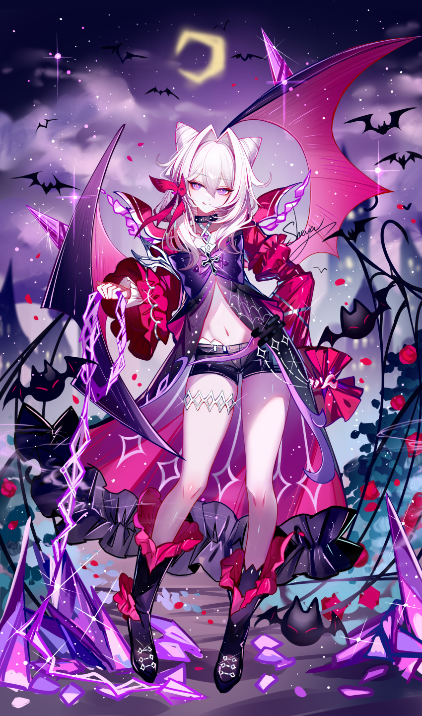 1girl :q absurdres adapted_costume bare_legs bat_(animal) black_boots black_choker black_shorts blurry blurry_background boots bow choker closed_mouth coat crescent_moon full_body hair_between_eyes hair_ears hair_intakes hair_ornament highres holding honkai_(series) honkai_impact_3rd large_bow legs long_sleeves looking_at_viewer medium_hair missing_commentary moon navel night night_sky outdoors purple_bow purple_eyes purple_sky red_coat red_pupils sheya short_shorts shorts signature sky smile solo stomach thelema_nutriscu tongue tongue_out white_hair