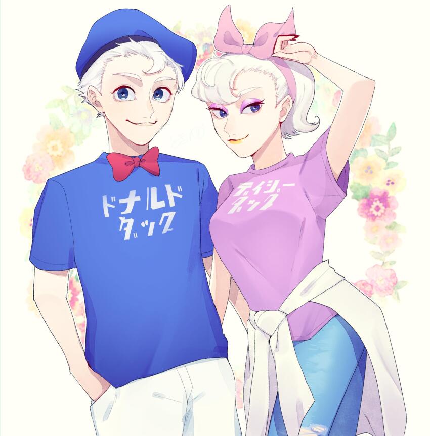 1boy 1girl adapted_costume animal_ears bow casual daisy_duck disney donald_duck hat heart highres humanization jewelry mickey_mouse_&amp;_friends personification puffy_sleeves rl10_02 sailor_collar sailor_hat shirt short_hair short_sleeves simple_background smile translation_request white_background white_hair