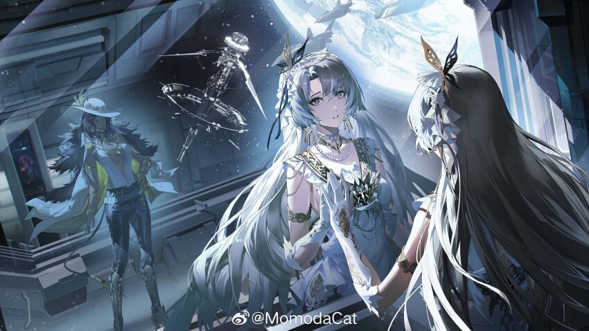 2girls against_glass black_pants breasts butterfly_hair_ornament character_request claw_(weapon) coat coat_on_shoulders dress dutch_angle earrings earth_(planet) from_behind full_body fur-trimmed_coat fur_trim gloves grey_hair hair_ornament hand_on_glass hand_on_own_hip hat highres indoors jewelry large_breasts lilith_(pgr) long_hair looking_outside mechanical_boots medium_breasts momodacat multiple_girls necklace official_art pants parted_lips pearl_necklace planet plunging_neckline punishing:_gray_raven purple_eyes reflection shirt sky sleeveless sleeveless_dress sleeveless_shirt space_station spacecraft standing star_(sky) starry_sky upper_body very_long_hair watermark weapon weibo_watermark white_coat white_dress white_gloves white_hat white_shirt window