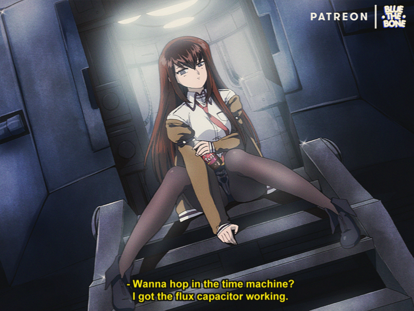 1990s_(style) 1girl artist_name back_to_the_future black_boots bluethebone boots bottle breast_pocket brown_hair cola commentary drink english_commentary english_text grey_eyes jacket long_hair looking_at_viewer makise_kurisu necktie pantyhose pocket red_neckwear retro_artstyle shirt sitting soda solo spread_legs stairs steins;gate subtitled watermark white_shirt