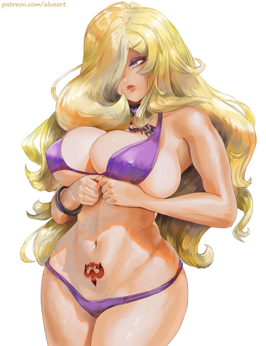 1girl absurdres alva_(artofalva) bikini blonde_hair blue_eyes bracelet breasts chest_tattoo hair_over_one_eye highres huge_breasts jewelry large_breasts long_hair navel original pubic_tattoo purple_bikini solo swimsuit tattoo white_background