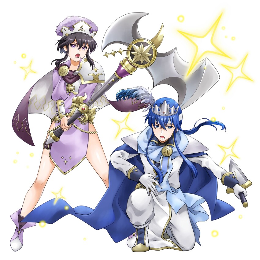 1boy 1girl armor axe black_hair blue_cape blue_hair boots bracer cape commission commissioner_upload dagger fire_emblem fire_emblem:_genealogy_of_the_holy_war hat hat_feather headband highres holding holding_axe holding_dagger holding_knife holding_weapon jewelry kneeling knife larcei_(fire_emblem) larcei_(scion)_(fire_emblem) legs_apart midori_no_baku nintendo official_alternate_costume ponytail reverse_grip sash seliph_(fire_emblem) seliph_(scion)_(fire_emblem) short_hair shoulder_armor sidelocks skeb_commission sparkle standing thighlet tiara waist_cape weapon white_background white_headband