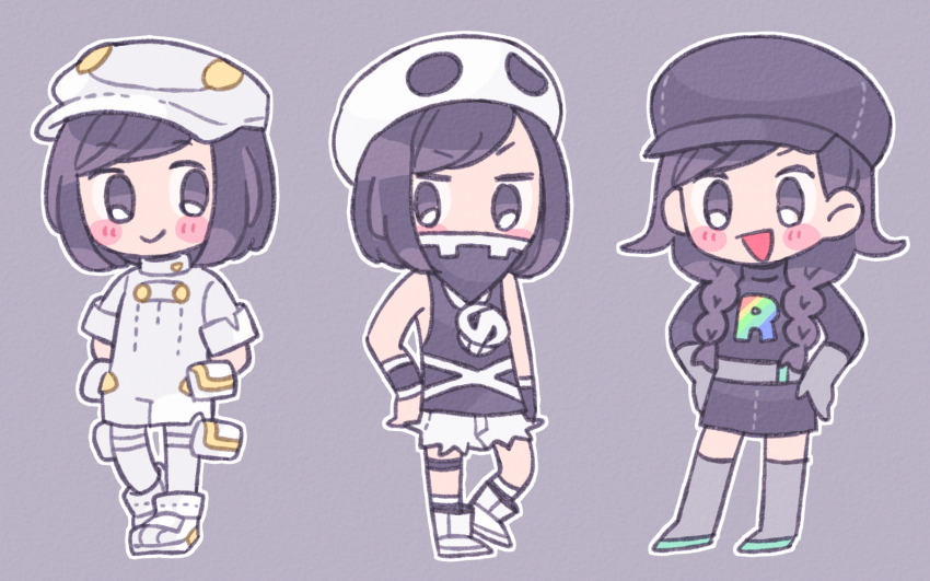 1girl aether_foundation_employee aether_foundation_employee_(cosplay) aether_foundation_uniform arms_behind_back belt black_hair black_hat black_shirt black_skirt blush blush_stickers boots braid chibi closed_mouth cosplay gloves grey_belt grey_footwear grey_gloves hands_on_own_hips hat highres long_hair medium_hair multiple_views nintendo open_mouth pants pokemon pokemon_sm pokemon_usum purple_background remoooon selene_(pokemon) shirt shorts simple_background skirt smile tank_top team_rainbow_rocket team_rainbow_rocket_grunt team_rainbow_rocket_grunt_(cosplay) team_rainbow_rocket_uniform team_skull team_skull_grunt team_skull_grunt_(cosplay) team_skull_uniform twin_braids v-shaped_eyebrows white_footwear white_hat white_pants white_shirt white_shorts