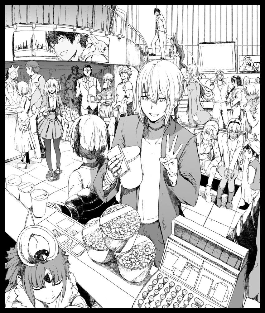 agravain_(fate) arash_(fate) artoria_pendragon_(fate) artoria_pendragon_(lancer)_(fate) assassin_(fate/zero) bedivere_(fate) blush breasts closed_eyes contemporary fate/grand_order fate_(series) fujimaru_ritsuka_(female) gareth_(fate) gawain_(fate) greyscale hassan_of_serenity_(fate) highres jacket king_hassan_(fate) knights_of_the_round_table_(fate) lancelot_(fate/grand_order) leonardo_da_vinci_(fate) long_hair looking_at_viewer mash_kyrielight merlin_(fate) monochrome mordred_(fate) mordred_(fate/apocrypha) multiple_boys multiple_girls nitocris_(fate) open_mouth scarf short_hair sitting smile syatey tawara_touta_(fate) tristan_(fate) xuangzang_sanzang_(fate)