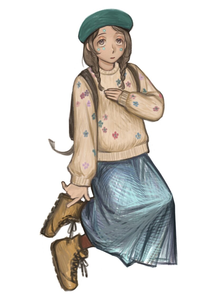 1girl backpack bag beret blue_skirt boots braid brown_boots brown_hair brown_sweater character_request closed_mouth copyright_request floral_print flower_sticker full_body green_hat grey_eyes hair_over_shoulder hat highres long_hair long_skirt long_sleeves looking_at_viewer low_twin_braids print_sweater red_socks simple_background skirt socks solo sticker_on_face sweater twin_braids upturned_eyes white_background yamaichi_(yama3ichi4)