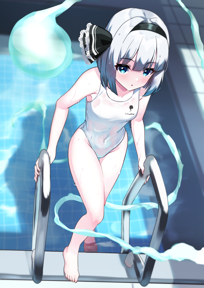 1girl absurdres ambasa black_hairband blue_eyes competition_swimsuit covered_navel full_body hairband highres hitodama konpaku_youmu konpaku_youmu_(ghost) one-piece_swimsuit pool pool_ladder short_hair solo swimsuit touhou water wet wet_clothes white_hair white_one-piece_swimsuit
