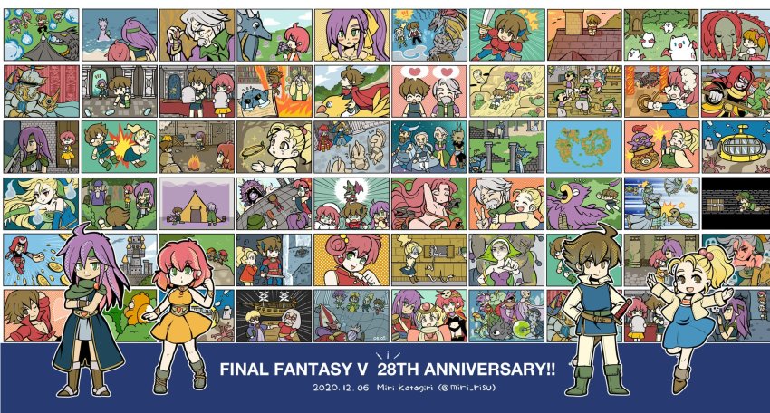 6+boys 6+girls alexander_highwind_tycoon anniversary artist_name atmos_(one_piece) bahamut_(final_fantasy) bartz_klauser beastmaster_(final_fantasy) blonde_hair boots brown_hair calofisteri cannoneer catastrophe chocobo cid_(ff5) copyright_name dancer_(final_fantasy) dated dorgann_klauser enkidu_(ff5) exdeath facial_hair faris_scherwiz final_fantasy final_fantasy_v galuf_halm_baldesion ghido gilgamesh_(final_fantasy) gogo grey_hair halicarnassus highres kelger_vlondett knight_(final_fantasy) krile_mayer_baldesion_(ff5) lenna_charlotte_tycoon magic_pot melusine mid_previa miri_(mirik) monk_(final_fantasy) moogle multiple_boys multiple_girls necromancer_(final_fantasy) necrophobe omega_(final_fantasy) omega_weapon oracle pink_hair purple_hair samurai_(final_fantasy) shinryuu_(final_fantasy) submarine summoner_(final_fantasy) syldra thief_(final_fantasy) twitter_username watercraft white_mage_(final_fantasy) xezat_matias_surgate