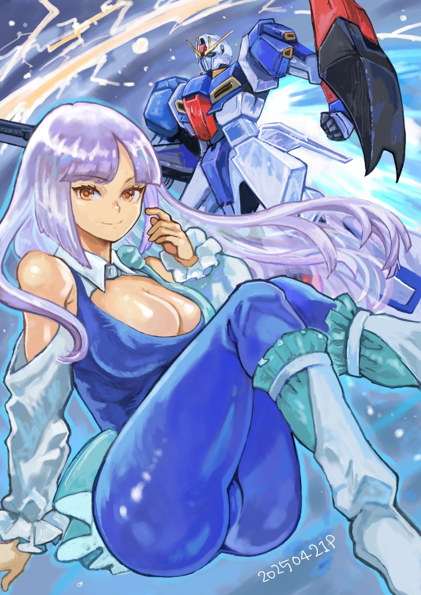 1girl absurdres beam_rifle blue_background blue_tank_top blush breasts brown_eyes cleavage clothing_cutout dated earrings energy_gun gundam gundam_zz highres jewelry long_hair looking_at_viewer mecha medium_breasts mobile_suit okrdisk2000 purple_eyes purple_hair robot roux_louka shield shoulder_cutout smile solo spandex tank_top thrusters weapon zeta_gundam_(mobile_suit)
