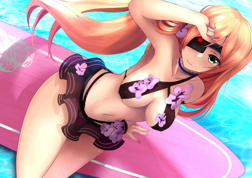 1girl absurdres alternate_costume arm_support bare_shoulders bikini black_bikini blonde_hair bodyboard breasts covered_erect_nipples dutch_angle eyepatch from_above green_eyes hand_on_forehead highres light_smile long_hair looking_at_viewer medium_breasts navel othinus purple_bikini relpama single_strap solo sweat swimsuit thighs toaru_majutsu_no_index toaru_majutsu_no_index:_new_testament wet