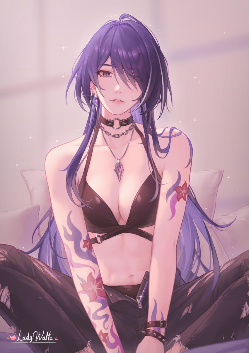 1girl acheron_(honkai:_star_rail) ahoge alternate_costume arm_belt arm_tattoo armpit_crease bare_shoulders black_bra black_choker black_panties black_pants bra bracelet breasts chain chain_necklace choker cleavage commentary diamond-shaped_pupils diamond_(shape) earrings english_commentary eyes_visible_through_hair flower hair_over_one_eye highres honkai:_star_rail honkai_(series) indian_style jewelry ladywaltz large_breasts midriff multicolored_hair necklace panties pants parted_lips partially_unzipped purple_hair red_flower signature sitting solo spiked_bracelet spikes stomach streaked_hair symbol-shaped_pupils tattoo torn_clothes torn_pants underwear