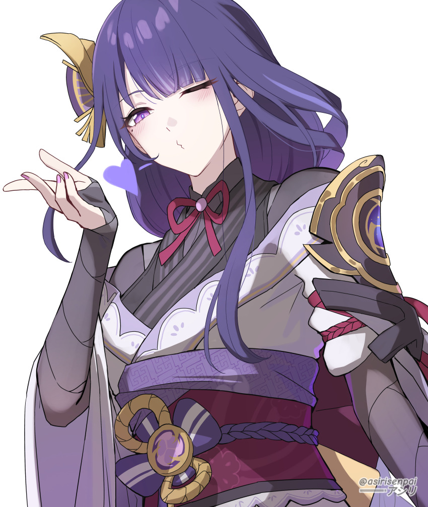 1girl absurdres adapted_costume armor asiri_senpai blush bridal_gauntlets commentary genshin_impact hand_up heart highres japanese_clothes kimono long_hair looking_at_viewer nail_polish o3o obi off_shoulder pink_nails purple_eyes purple_hair raiden_shogun red_sash revision sash shoulder_armor simple_background solo upper_body white_background