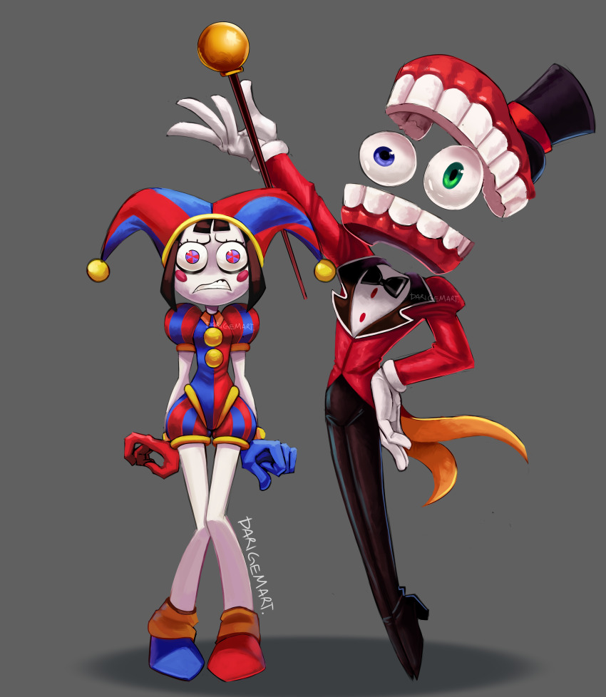 1boy 1girl absurdres arms_at_sides asymmetrical_footwear asymmetrical_gloves black_footwear black_pants blue_footwear blue_gloves blush_stickers bow bowtie brown_hair caine_(the_amazing_digital_circus) colored_skin darigem disembodied_eye fake_teeth gloves grey_background hat heterochromia highres holding holding_staff jester jester_cap looking_at_viewer mismatched_footwear mismatched_gloves multicolored_eyes pants pomni_(the_amazing_digital_circus) puffy_pants puffy_sleeves red_footwear red_gloves signature staff the_amazing_digital_circus top_hat watermark white_gloves white_skin