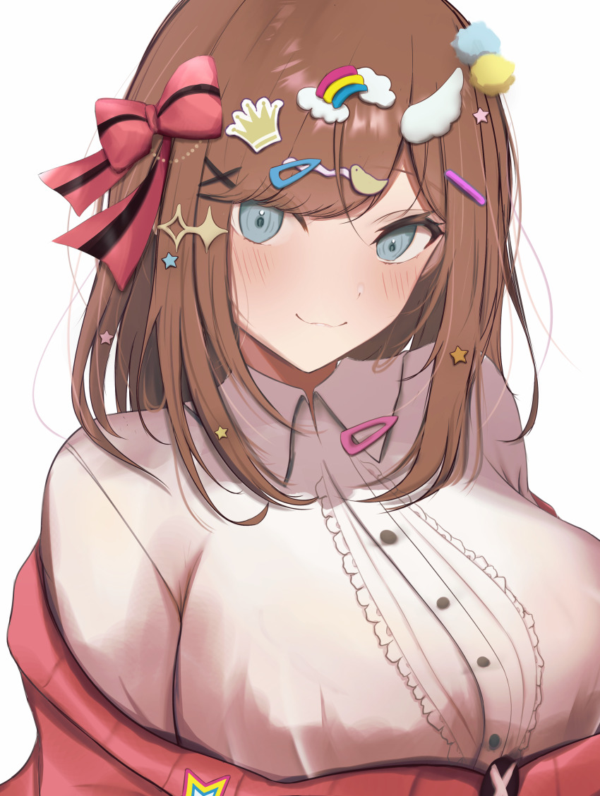 1girl :3 absurdres aqua_eyes bird_hair_ornament blush bow breasts brown_hair cardigan center_frills closed_mouth crown_hair_ornament decora frills hair_bow hair_ornament hairclip highres large_breasts looking_at_viewer medium_hair nijisanji pink_bow pink_cardigan pom_pom_(clothes) pom_pom_hair_ornament rainbow_hair_ornament ri_shan shirt simple_background smile solo sparkle_hair_ornament star_(symbol) star_hair_ornament striped_bow suzuhara_lulu suzuhara_lulu_(1st_costume) swept_bangs virtual_youtuber white_background white_shirt wing_hair_ornament