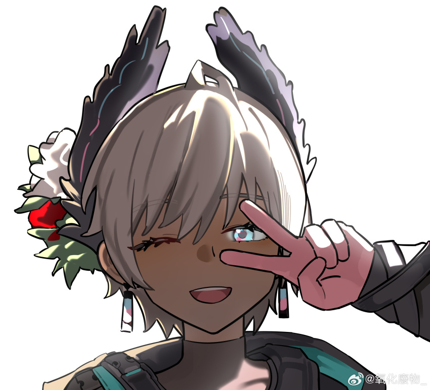 1girl ;d arknights black_jacket blue_eyes earrings gloves grey_hair highres jacket jewelry long_sleeves looking_at_viewer one_eye_closed open_mouth pink_gloves portrait raidian_(arknights) short_hair simple_background smile solo v v_over_eye watermark weibo_watermark white_background wwfo_2