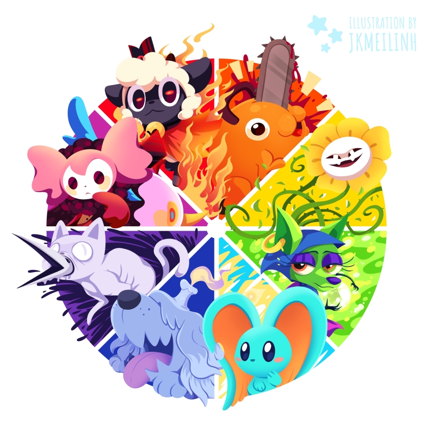 artist_name candle chainsaw chainsaw_man charlotte_(madoka_magica) color_wheel_challenge courage_the_cowardly_dog cult_of_the_lamb dog elfilin fire flower flowey_(undertale) greavard highres japhet jkmeilinh kirby_(series) kirby_and_the_forgotten_land mahou_shoujo_madoka_magica mahou_shoujo_madoka_magica_(anime) multiple_drawing_challenge nintendo no_humans off_(game) plant pochita_(chainsaw_man) pokemon pokemon_(creature) sheep shirley_(courage_the_cowardly_dog) the_lamb_(cult_of_the_lamb) thorns undertale vines yellow_flower