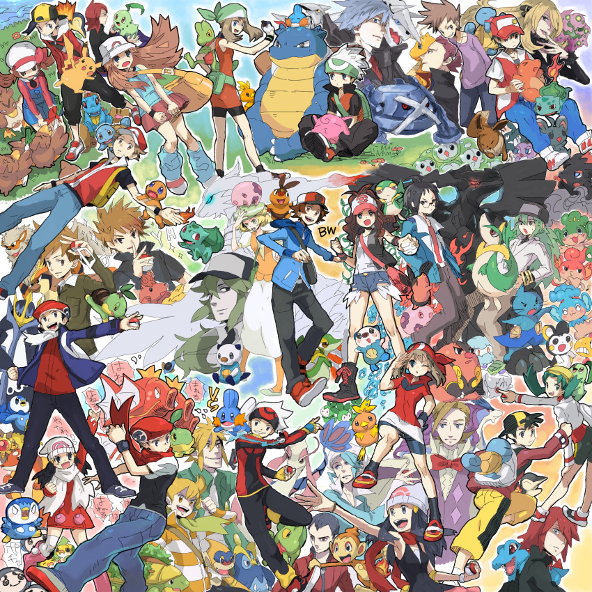 00s 10s 1990s_(style) absolutely_everyone aggron arcanine barry_(pokemon) bianca_(pokemon) blastoise blue_oak brendan_(pokemon) bulbasaur charmander cheren_(pokemon) chikorita chimchar cottonee cyndaquil cynthia_(pokemon) dawn_(pokemon) dewott diglett dragonite dual_persona eevee emolga empoleon ethan_(pokemon) eusine_(pokemon) everyone farfetch&#039;d fire floatzel gen_1_pokemon gen_2_pokemon gen_3_pokemon gen_4_pokemon gen_5_pokemon gothita green_(pokemon) grotle hat highres hilbert_(pokemon) hilda_(pokemon) jigglypuff kris_(pokemon) lance_(pokemon) legendary_pokemon litwick lucas_(pokemon) lyra_(pokemon) magikarp may_(pokemon) metagross milotic minccino monferno mudkip munna n_(pokemon) nintendo norman_(pokemon) oshawott palmer_(pokemon) panpour pansage pansear petilil pidgeot pignite pikachu poke_ball pokemon pokemon_(creature) pokemon_bw pokemon_dppt pokemon_gsc pokemon_hgss pokemon_rgby pokemon_rse prinplup red_(pokemon) reshiram retro_artstyle scarf scrafty servine sewaddle silver_(pokemon) snivy solosis spiritomb squirtle starmie steven_stone suicune tepig torchic totodile treecko trubbish turtwig tympole vulpix wallace_(pokemon) zekrom zorua