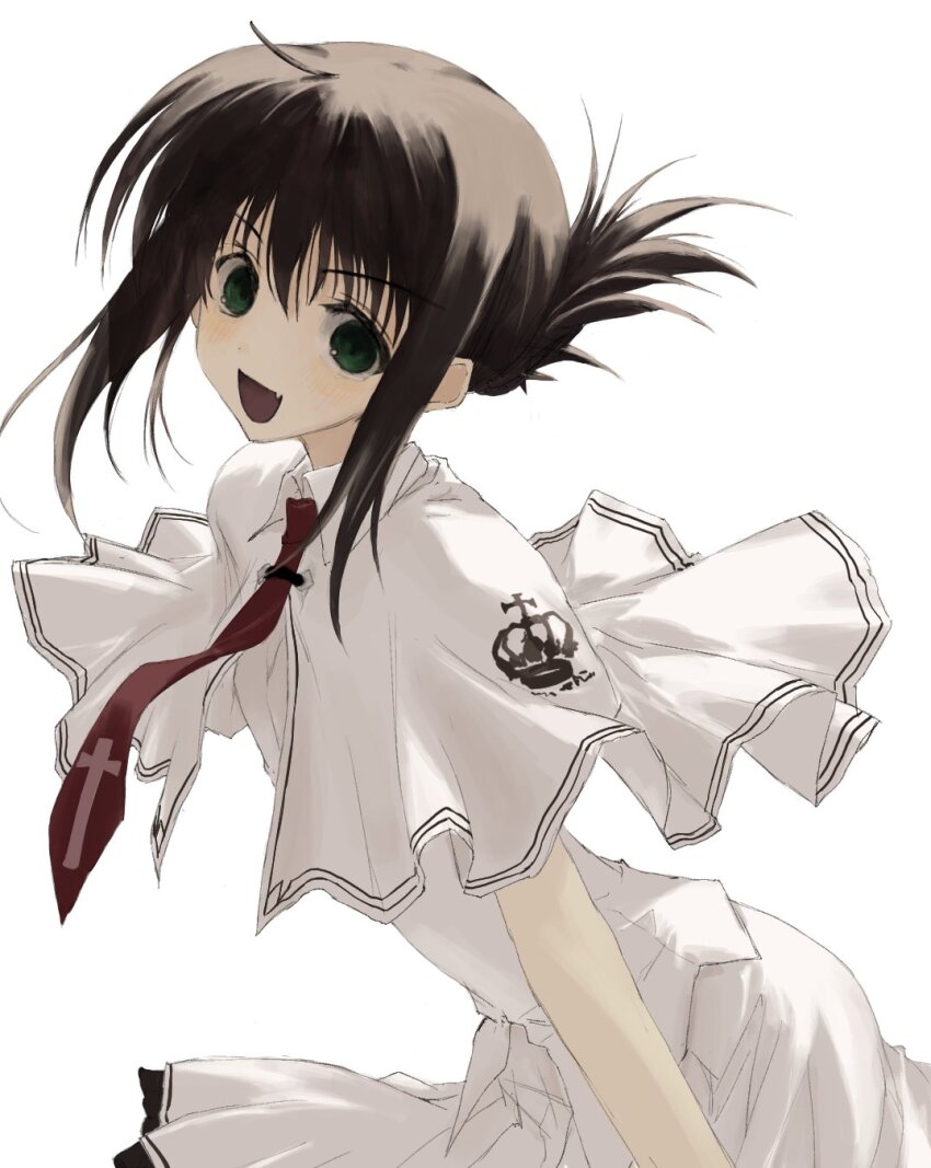 1girl brown_hair capelet collared_shirt crazy_smile cross cross_print crown_print empty_eyes fang frilled_skirt frills green_eyes hair_bun highres looking_at_viewer necktie numata_eki open_mouth print_capelet print_necktie school_uniform shirt short_hair sidelocks simple_background single_hair_bun skin_fang skirt smile solo striped_capelet subarashiki_hibi tachibana_kimika white_background white_capelet white_shirt white_skirt