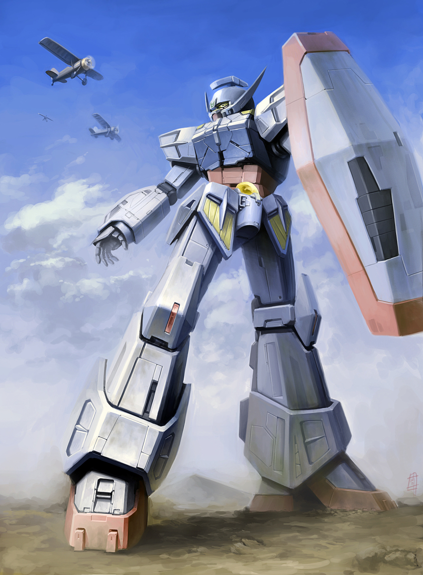 aircraft airplane cloud day futoshi_to gundam highres mecha no_humans robot shield signature solo taedu turn_a_gundam turn_a_gundam_(mobile_suit)