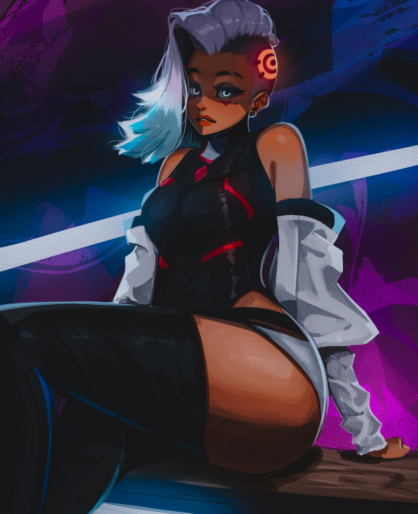 absurdres arms_at_sides asymmetrical_hair bare_shoulders black_leotard black_thighhighs cosplay cyborg dark-skinned_female dark_skin detached_sleeves glowing glowing_eyes grey_eyes hands_on_ground high_collar highres leotard long_sleeves looking_at_viewer lucy_(cyberpunk) lucy_(cyberpunk)_(cosplay) medium_hair mole mole_under_eye overwatch parted_lips red_lips ringed_eyes short_shorts shorts sleeveless_turtleneck_leotard sombra_(overwatch) teeth thighhighs titanartx undercut white_hair