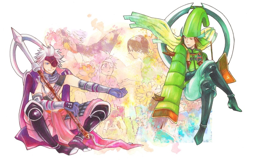 2boys age_progression armor blue_eyes brown_hair chousokabe_motochika_(sengoku_basara) colored_eyelashes cropped_jacket crossed_legs eyepatch frown gloves green_eyes green_shirt helmet highres invisible_chair jacket japanese_armor kabuto_(helmet) looking_at_another male_focus mouri_motonari_(sengoku_basara) multiple_boys no_shirt offering_hand_to_another pants pink_pants purple_gloves purple_jacket sengoku_basara shirt sitting smile tasikanakoto white_background white_hair
