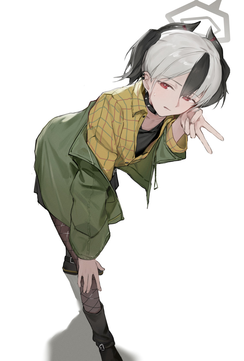 1girl absurdres alternate_hairstyle black_choker black_hair black_horns black_shoes blue_archive boots choker collarbone collared_shirt commentary_request demon_horns ear_piercing fishnet_thighhighs fishnets green_jacket grey_hair halo highres horns inward_v jacket kayoko_(blue_archive) leaning_forward long_sleeves looking_at_viewer multicolored_hair open_clothes open_jacket parted_lips partially_unbuttoned piercing plaid_clothes plaid_shirt red_eyes shadow shirt shoes simple_background solo standing thighhighs twintails two-tone_hair v white_background yellow_shirt yunkkker