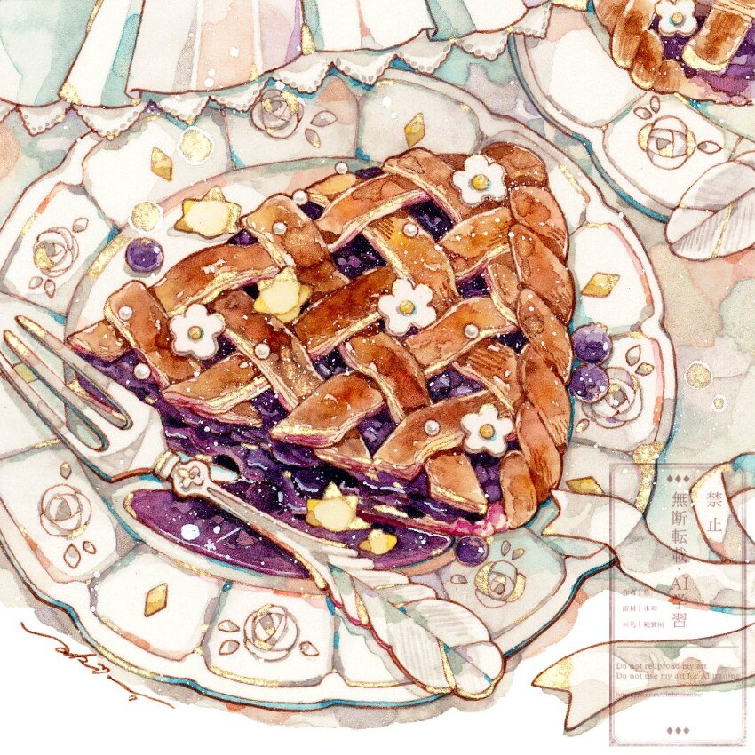 blueberry blueberry_pie food food_focus fork fruit jinbeeezame no_humans original pie pie_slice plate still_life