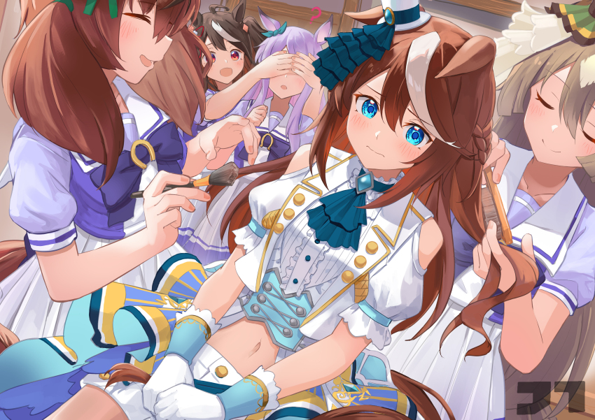 5girls absurdres ahoge bare_shoulders blue_eyes blush brown_hair clothing_cutout collarbone dress frilled_dress frills gloves hat highres horse_girl jtleeklm long_hair mejiro_mcqueen_(umamusume) multicolored_hair multiple_girls navel pleated_skirt sailor sailor_collar school_uniform serafuku shoulder_cutout sitting skirt stomach_cutout tokai_teio_(umamusume) umamusume very_long_hair white_gloves white_hair
