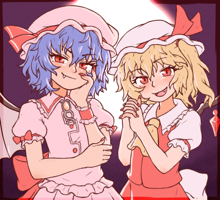 2girls ascot bat_wings beachepisode blonde_hair blue_hair crystal_wings dress embodiment_of_scarlet_devil fang flandre_scarlet frilled_dress frills full_moon hand_on_own_face hat highres looking_at_viewer messy_hair mob_cap moon multiple_girls night night_sky own_hands_together pink_dress pink_hat puffy_short_sleeves puffy_sleeves red_eyes red_moon remilia_scarlet short_sleeves siblings sisters sky touhou upper_body wings yellow_ascot