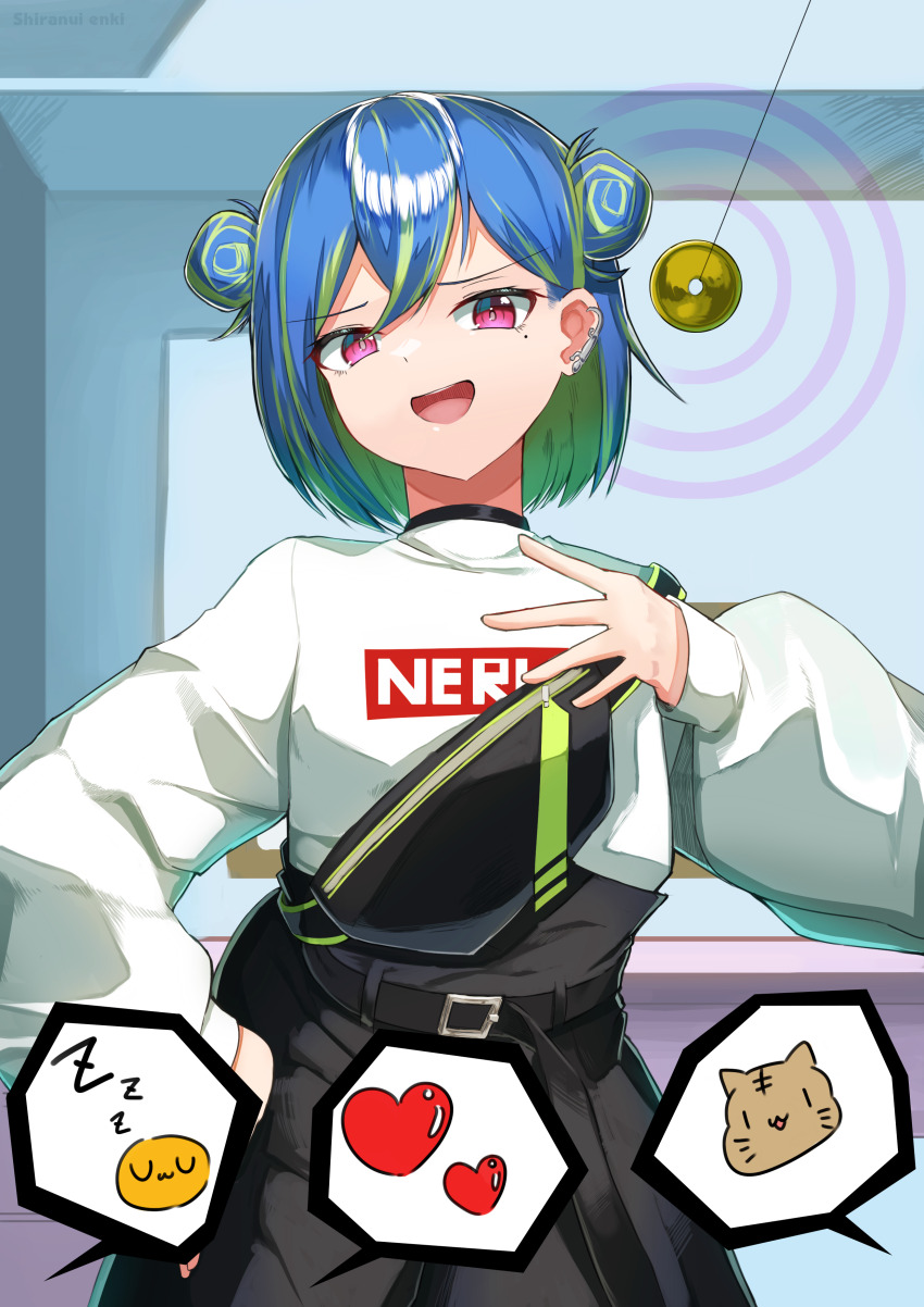1girl absurdres belt black_belt black_shorts blue_hair coin coin_on_string commentary_request cowboy_shot double_bun earclip green_hair hair_between_eyes hair_bun hand_on_own_chest high-waist_shorts highres holed_coin long_sleeves looking_at_viewer mole mole_under_eye multicolored_hair nanashi_inc. official_alternate_costume open_mouth pendulum pink_eyes shiranui_enki short_hair shorts single_strap solo suzumi_nemo suzumi_nemo_(2nd_costume) sweater two-tone_hair virtual_youtuber white_sweater