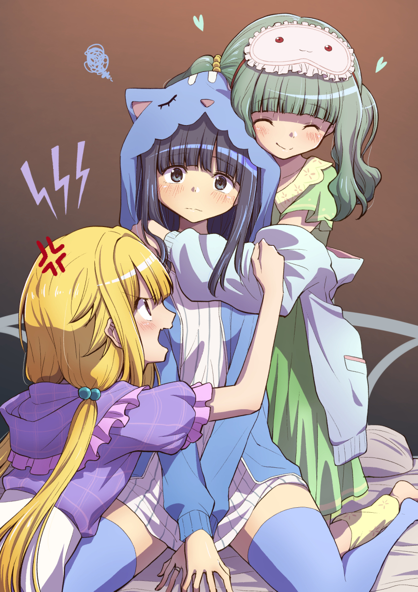 3girls anger_vein annoyed blonde_hair blue_eyes blue_hair blue_jacket blue_thighhighs blunt_bangs closed_eyes commentary_request futaba_sana futaba_sana_(roomwear_costume) green_hair highres hood hood_up hug indoors jacket kneeling kyubey long_hair long_sleeves looking_at_another magia_record:_mahou_shoujo_madoka_magica_gaiden mahou_shoujo_madoka_magica mitsuki_felicia mitsuki_felicia_(roomwear_costume) multiple_girls nanami_yachiyo nanami_yachiyo_(roomwear_costume) off_shoulder official_alternate_costume on_bed open_mouth sidelocks sitting sleep_mask sleepwear smile surprised thighhighs touyu_(yuruyuruto) twintails wavy_hair