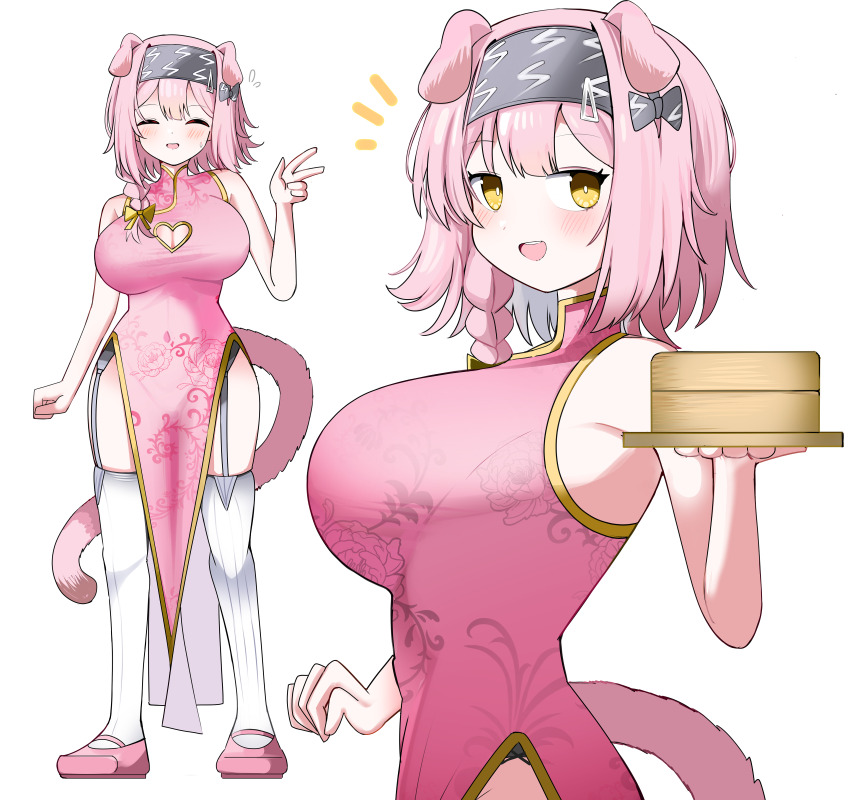 1girl :d ^_^ absurdres alternate_costume animal_ears arknights bare_arms bare_shoulders black_bow black_hairband blush bow braid breasts bright_pupils cat_ears cat_girl cat_tail china_dress chinese_clothes cleavage cleavage_cutout closed_eyes clothing_cutout dress facing_viewer floral_print floral_print_dress garter_belt goldenglow_(arknights) hair_bow hairband heart_cutout highres holding large_breasts looking_at_viewer medium_hair multiple_views notice_lines open_mouth pink_hair pink_tail print_dress rose_print simple_background single_braid sleeveless sleeveless_dress smile spam_(spamham4506) standing tail thighhighs v white_background white_pupils white_thighhighs yellow_eyes