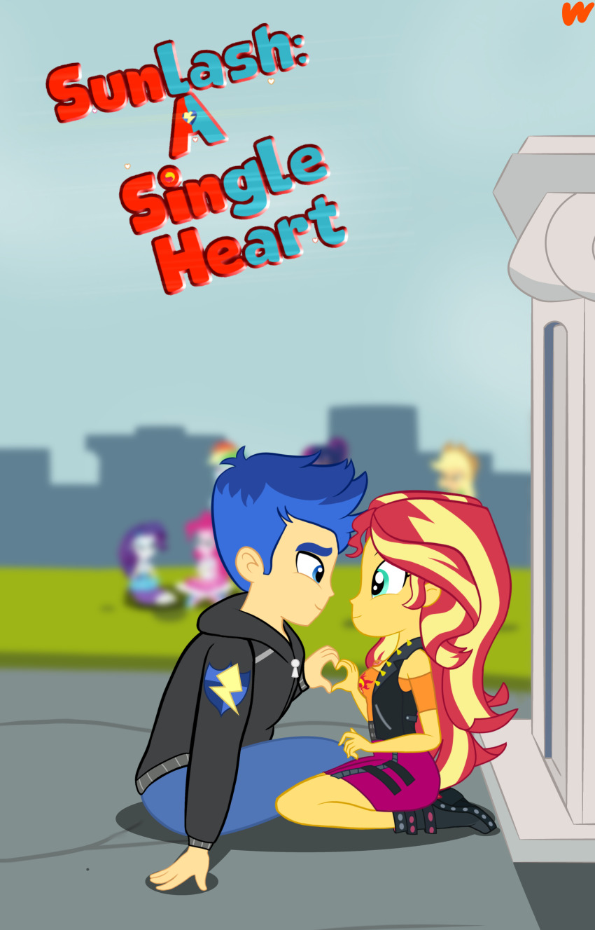 1boy 6+girls absurdres applejack applejack_(equestria_girls) black_boots black_jacket black_shoes blonde_hair blue_eyes blue_hair blue_pants boots breasts closed_mouth commentary cover cover_page cowboy_hat english_text eye_contact flash_sentry green_eyes hair_between_eyes happy hat heart heart_hands highres jacket leather leather_jacket looking_at_another medium_breasts multicolored_hair multiple_girls my_little_pony my_little_pony:_equestria_girls my_little_pony:_friendship_is_magic novel_cover orange_hair pants pantyhose pinkie_pie pinkie_pie_(equestria_girls) purple_hair purple_pantyhose rainbow_dash rainbow_dash_(equestria_girls) rainbow_hair rarity_(equestria_girls) rarity_(my_little_pony) sci-twi shoes sitting smile sunset_shimmer sunset_shimmer_(human) tank_top twilight_sparkle white_tank_top yingerten