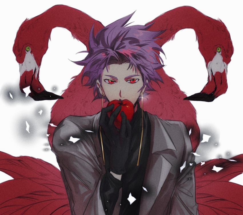1boy apple bird black_gloves black_shirt commentary covered_mouth earrings english_commentary film_grain flamingo food fruit glint gloves grey_jacket highres holding holding_food holding_fruit jacket jewelry lapels long_sleeves looking_at_viewer male_focus notched_lapels open_clothes open_jacket purple_hair red_eyes saibou_shinkyoku shirt short_hair shuaibipu solo spiked_hair theodore_riddle upper_body