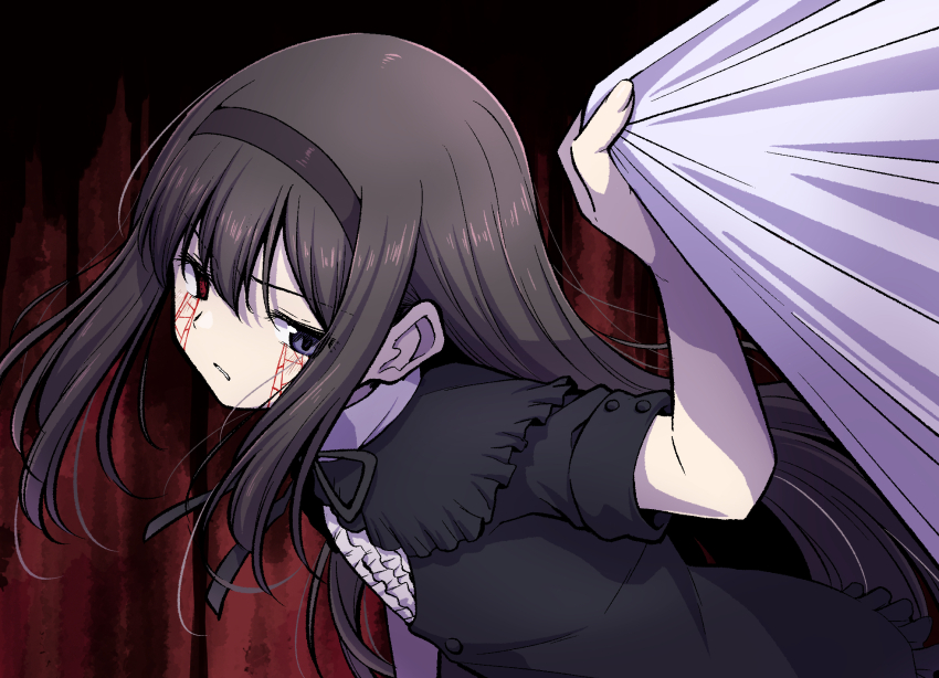 1girl akemi_homura akemi_homura_(black_dress) black_dress black_hair black_hairband black_ribbon curtains dress fingernails grimace hairband heterochromia highres long_hair magia_record:_mahou_shoujo_madoka_magica_gaiden mahou_shoujo_madoka_magica purple_eyes red_eyes ribbon short_sleeves solo stage_curtains touyu_(yuruyuruto) upper_body