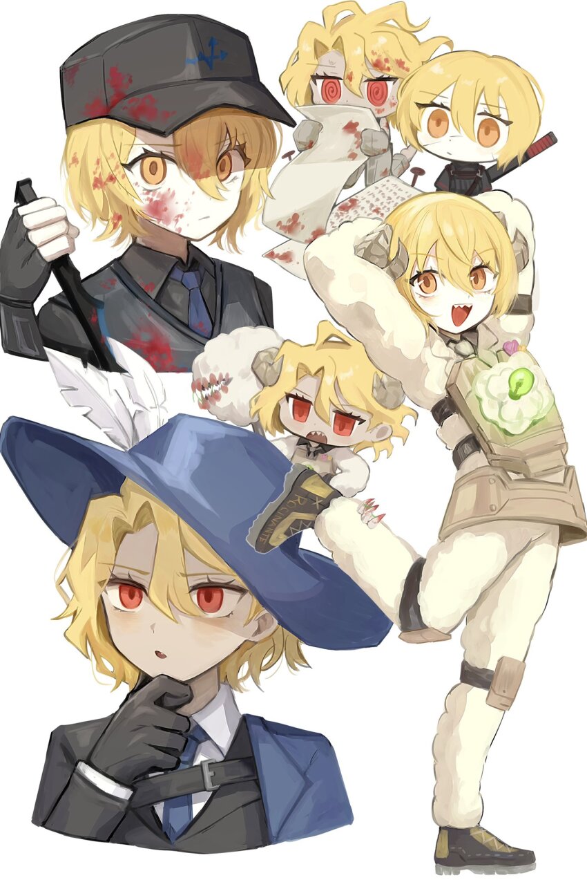 6+girls :d :o @_@ black_gloves black_hat black_shirt black_vest blonde_hair blood blood_in_hair blood_on_clothes blood_on_face blood_on_hat blood_on_paper blue_hat blue_necktie bob_cut brown_shoes bulletproof_vest chibi chibi_inset cinq_association_(identity)_(project_moon) closed_mouth coat collared_shirt curled_horns don_quixote_(project_moon) e.g.o_(project_moon) eyelashes feathers field_cap full_body fur_coat fur_pants gloves green_light hair_between_eyes hand_on_own_chin hat hat_feather highres holding holding_paper holding_weapon horns light_bulb limbus_company looking_at_viewer meat_lantern_(project_moon) messy_hair multiple_girls n_corp._fanatic_(identity)_(project_moon) nail_(hardware) necktie open_mouth orange_eyes paper portrait project_moon reading red_eyes ro/ku serious sharp_teeth sheep_horns shi_association_(identity)_(project_moon) shirt shoes short_hair simple_background smile sword sword_on_back teeth thinking upper_teeth_only vest w_corp._(identity)_(project_moon) weapon weapon_on_back white_background white_shirt