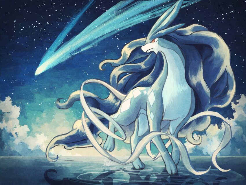 7_phi_3 alternate_color animal_focus blue_hair closed_mouth gen_2_pokemon highres legendary_pokemon long_hair nintendo pokemon pokemon_(creature) red_eyes ribbon shiny_pokemon solo suicune very_long_hair walking water