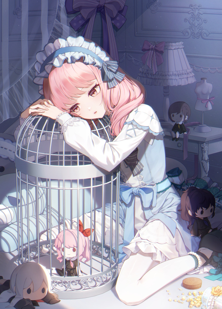1other absurdres akiyama_mizuki asahina_mafuyu birdcage blue_dress blue_ribbon bow cage character_doll coco_(cocown_77) colorful_festival_(project_sekai) commentary_request desk_lamp doll dress frilled_dress frills full_body hair_bow hairband highres indoors jar lamp leaning_on_object lolita_fashion lolita_hairband long_hair long_sleeves mannequin open_mouth other_focus own_hands_together pink_eyes pink_hair project_sekai ribbon shinonome_ena shoes sidelocks sitting solo stuffed_animal stuffed_toy table yoisaki_kanade